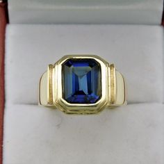 AAAA  Lab Sapphire  10x8mm  4.43 Carats  Heavy 14K Yellow gold Emerald cut Mans Ring 14 to 15 grams Formal Octagon Sapphire Ring In 14k Gold, Formal 14k Gold Octagon Sapphire Ring, 14k Gold Gemstones For Anniversary, Classic 14k Gold Gemstones In Gold Color, Classic Gold Gemstones In 14k Gold, Classic 14k Gold Gemstones, Formal Gold Gemstones In 14k Gold, Gold Rectangular Sapphire Anniversary Ring, Classic 14k Gold Sapphire Collectible Ring