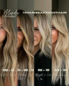 MARISSA | RENO HAIRSTYLIST on Instagram: "SUMMER BLONDES 👱🏼‍♀️   Using my all time favorite @oligopro Calura Gloss ✨  Soft & Sandy : 10NB + 9N  Golden Hour : 9N + 9NB + 9G  Bright & Cool : 10AI + 10V  Pure Beige : 10GV + 10N  Which one is your favorite?! Let me know below 🫶🏼  #oligopro #haircolors #hairstylist #colorformula #summerhair #summerhaircolor #summerhairgoals #hairtrends #blonde #blondebalayage #blondehighlights #balayage #balayagehighlights #bronde #brondehair #brondebalayage #marissaknighthair" Blonde Toner Formula Redken Shades, Shades Toner Formulas Blonde, Blonde Balayage Formulas Redken, Bellami Hot Toffee Blonde, Shades Blonde Formula, Redken Neutral Blonde Formula, Wheat Blonde Hair Highlights, Oligo Calura Hair Color, Oligo Calura Hair Color Formula