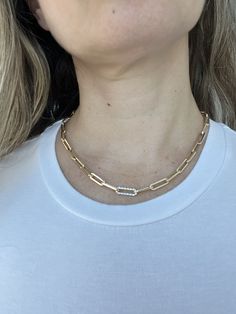 "➣ High quality 14K Yellow Gold Paperclip Necklace With One Diamond Link 0.30 Carat , 17\", Diamond Paperclip Chain, Real Gold Bracelet, Women  ➣ MATERIAL: 14K Two Tone  ➣ Closure: Lobster claw   ➣ Solid / Hollow: Hollow  ➣ Weight: 6.20g  ◈ Please note that weights are approximate.  ➣ If you need a specific length, please message us.  Explore more gold chains https://www.etsy.com/shop/MarinaMJewelry?ref=seller-platform-mcnav&search_query=gold+chain  ➣ SHIPPING: ◈ We always offer domestic FREE SHIPPING via USPS first class (3-5 business days)  ◈ We ship internationally, shipping costs are shown at checkout.     Please be aware that the buyer is responsible for any international customs & duties. ◈ Orders shipped from NYC usually within 24-48 hours from receiving payment.   ◈ All orders are Luxury Paperclip Chain Charm Necklace For Women, Affordable Everyday Jewelry With Paperclip Chain, Luxury Classic Paperclip Chain Jewelry, Classic Luxury Jewelry With Paperclip Chain, Luxury Everyday Necklace With Paperclip Chain, Luxury White Gold Jewelry With Paperclip Chain, Luxury Paperclip Necklace For Women, Box Chain With Rectangular Links For Anniversary, Diamond Necklace With Adjustable Chain Link Gift