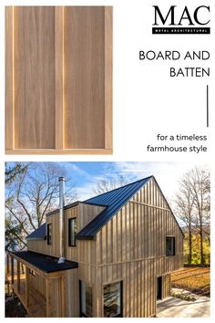 the front and back side of a house with wood siding on it, and an image of