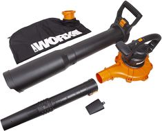 a cordless leaf blower and other items on a white background with a black bag