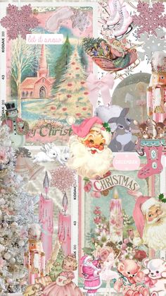 a collage of pink and white christmas images with santa claus, snowflakes, trees