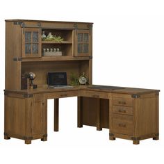 a wooden desk with two drawers and a hutch