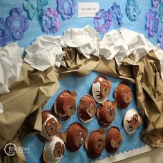 some brown and white cupcakes sitting on top of a blue table cloth covered in paper