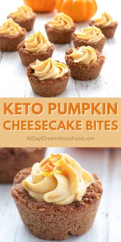 keto pumpkin cheesecake bites with frosting on top and an orange in the background