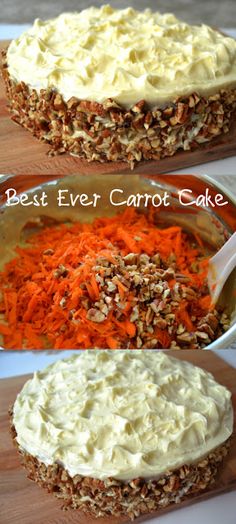 carrot cake with cream cheese frosting and chopped carrots in a pie pan on a cutting board