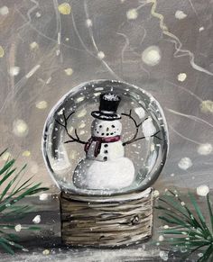 a painting of a snowman in a glass ball on top of a piece of wood