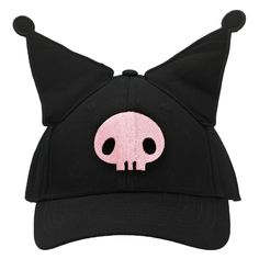 Celebrate your favorite characters with this Kuromi Inspired Hat. The cap comes in black and features embroidered front art of Kuromi's pink skull logo while a pair of 3D ears completes the character design. The hat is made with high-quality cotton materials and comes with a wide brim to give your face protection from the sun. The hat measures 58 cm and will fit most sizes. Fans of the Kuromi character will love this comfy cap. Black Hat For Cosplay, Black Harajuku Style Halloween Costume Hats, Harajuku Style Black Costume Hat For Halloween, Black Harajuku Style Costume Hat For Halloween, Harajuku Hats For Halloween Cosplay, Harajuku Style Hat For Halloween Cosplay, Harajuku Style Halloween Cosplay Hat, Black Cosplay Hat, One Size Fits Most, Black Cosplay Hat One Size Fits Most