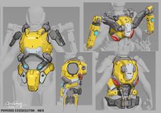 four different views of a yellow robot suit