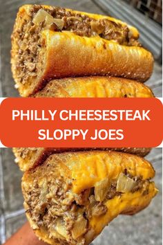 two pieces of cheesesteak sloppy joes are stacked on top of each other