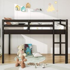 a child's bedroom with a bunk bed and toy animals on the floor next to it