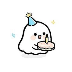 a drawing of a birthday cake with a candle on it's side and a party hat on top