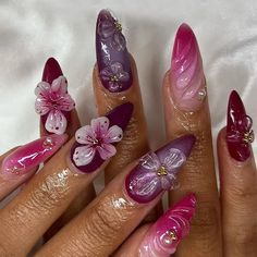 30 Pcs Women Temperament 3D Pink Peach Blossom Press on Nails French Style Trend Fake Nails Nail Art Y2k Summer Nails, Purple Nails Summer, Nail Inspo Purple, Purple Pink Nails, Pink Purple Nails, Summer Flower Nails, Nagel Tips, Girly Acrylic Nails, Pretty Gel Nails