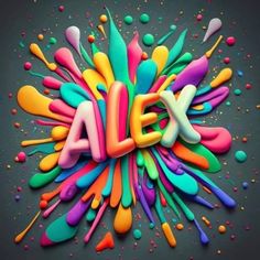 the word alex surrounded by colored spoons and sprinkles on a gray background