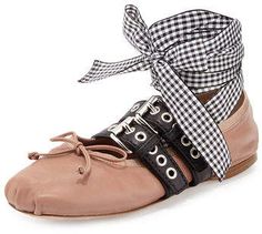 Miu Miu Belted Leather Ankle-Wrap Ballerina Flat Miu Miu Flats, Leather Ballet Shoes, Lace Up Ballet Flats, Ballerina Shoes Flats, Miu Miu Shoes, Ankle Strap Flats, Bow Flats, Ballerina Shoes, Ballet Pumps