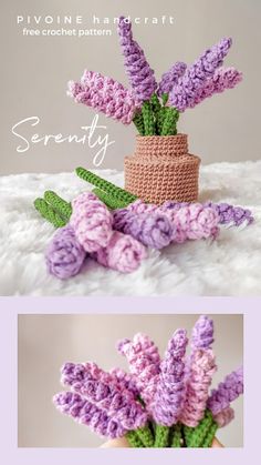 crocheted lavender flowers in a vase with the words serenty written below