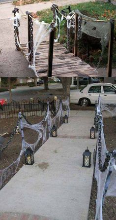 two pictures of halloween decorations on the ground and in front of a fenced area