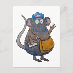 a mouse with a blue hat and yellow bag on it's back, standing in front of a white background