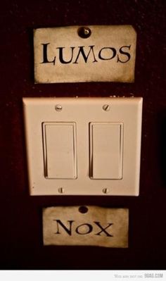 two light switch plates with the words lumos and nox on them