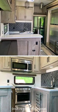 two pictures of the inside of a kitchen and outside of a living room in an rv