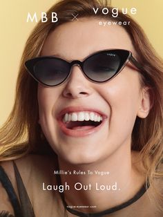 a woman wearing sunglasses and smiling with the words, laugh out loud on her face