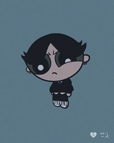 a cartoon character with black hair and eyes sitting on top of a blue background,