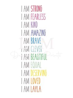 the word i am strong is written in different colors and font on a white background