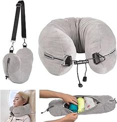 the neck pillow is being held up by a woman's hand and two other images show