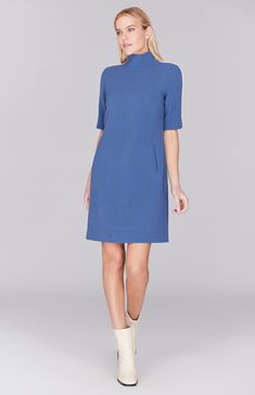 Our signature shift dress, updated with a turtleneck and contrast bias trim. This easy-fit dress features short sleeves with the perfect amount of arm coverage, a simple back zip, and pockets. Wear it along or pair with a coordinating trench coat for maximum impact. Short Sleeve Shift Dress, Riding Outfit, Fit Dress, Dress Cuts, Charcoal Color, Double Face, Classic Blue, Black Charcoal, Blue Stone