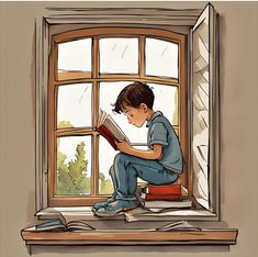 a boy sitting on a window sill reading a book