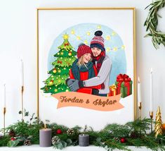 a christmas card with an image of a couple hugging in front of a christmas tree