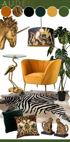 an animal themed living room is shown in green and gold colors, including zebra print