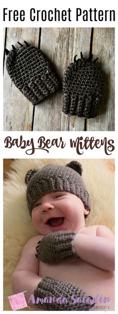 baby bear mittens with text that says free crochet pattern