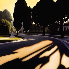 a painting of trees and road with the sun shining on them