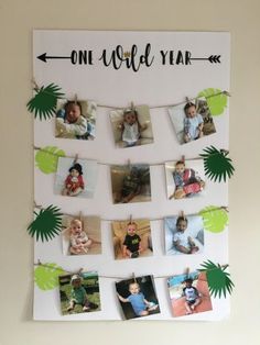 a one world year photo hanging on a bulletin board with palm leaves and photos pinned to it