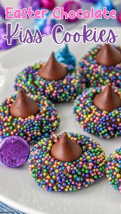 easter chocolate kiss cookies with sprinkles on a plate