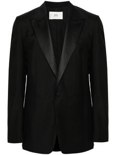 black mohair-wool blend peak lapels with satin panel shoulder pads chest welt pocket long sleeves with buttoned cuffs fabric-covered buttons dart detailing two side welt pockets central rear vent internal jetted pockets full lining straight hem front button fastening City Shorts, Tuxedo Blazer, Versace Outfit, Black Tuxedo, Ami Paris, Tuxedo For Men, Balenciaga Triple S, Fabric Covered Button, Blazer Black