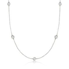 Ross-Simons - 1.00ct t. w. Bezel-Set Diamond Station Necklace in 14kt White Gold. 20". The classic look of a bezel-set diamond station necklace. Our must-have design is always in style - any outfit, any occasion. Totaling 1.00 carat, five round brilliant-cut diamonds spark a 14kt white gold cable chain. This is the piece you've been seeking to complete your collection. Lobster clasp, diamond station necklace. Diamond birthstones are the perfect gift for April birthdays. Sky Blue Topaz Ring, Diamond Tennis Necklace, Bezel Necklace, Diamond Birthstone, Fine Jewelery, Gold Rope Chains, Mixed Metal Jewelry, Necklace Diamond, Bezel Set Diamond