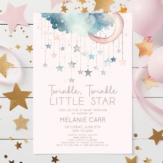 a pink and gold baby shower party with stars, moon and crescent on the side