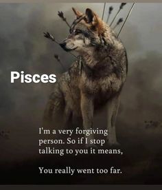 a wolf standing on top of a pile of sticks with the caption, pisces i'm a very forgiving person so if i stop talking to you it