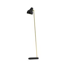 a black and gold floor lamp on a white background, with the light turned off