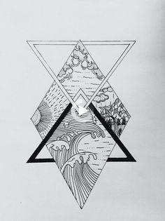 a drawing of an abstract triangle with waves and mountains in the background on white paper