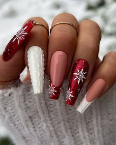 Explore 26 Christmas nail ideas for 2024, offering a mix of cute, fun, and elegant designs. These holiday-inspired looks feature red, white, green, and glitter in various nail shapes like almond, round, and squoval. Try acrylic or gel nails with rhinestones for extra sparkle, or keep it simple with natural nails. These festive designs will have your nails looking perfect for any Christmas celebration. Christmas Gel Nails, Sweater Nails, Acrylic Nails Coffin Short, New Year's Nails, Christmas Nail Designs, Coffin Nails Designs