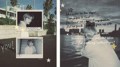 two pictures with words written on them and stars in the sky next to each other