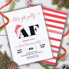 a christmas party flyer with pine cones and red ribbon on top of white wood planks