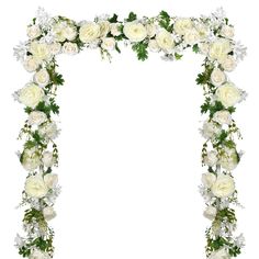 white flowers and greenery are arranged in the shape of an arch on a white background