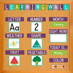 a bulletin board with words and pictures on it that say learning wall, letter a to z