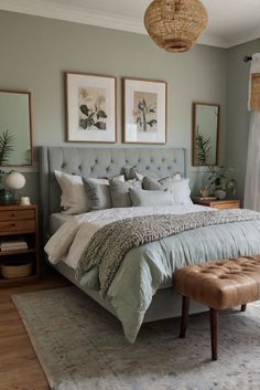 a bedroom with a large bed and two pictures on the wall above it's headboard