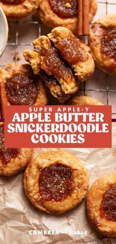 apple butter snickerdoodle cookies on a cooling rack with cinnamon sticks in the background