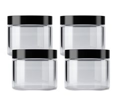 four clear jars with black lids are stacked on top of each other